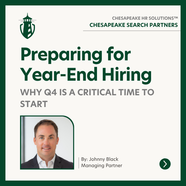 Header for an article: 'Preparing for Year-End Hiring'; includes Chesapeake Sea Partners logo and a portrait of a man in a suit.