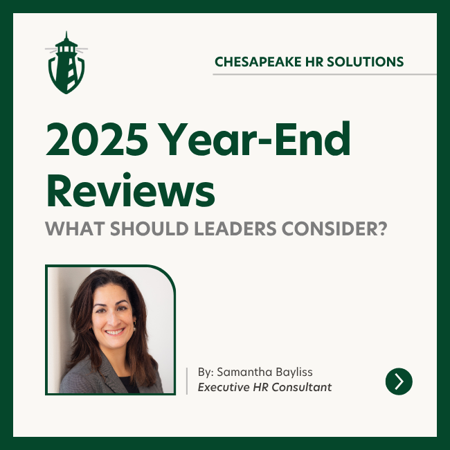 Company cover image: Chesapeake HR Solutions branding with the headline "2025 Year-End Reviews" and subheading "What Should Leaders Consider?" featuring a photo of Samantha Bayliss, Executive HR Consultant.