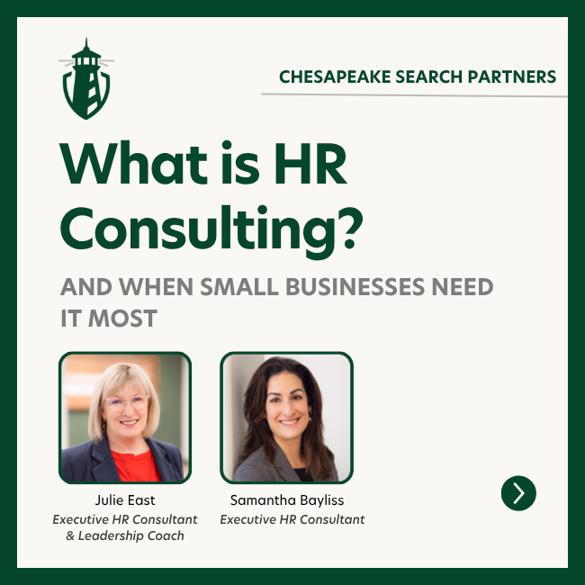 Chesapeake Search Partners hero: 'What is HR Consulting?' with subtitle, and two headshots of Julie East and Samantha Bayliss labeled Executive HR Consultant & Leadership Coach / Executive HR Consultant.