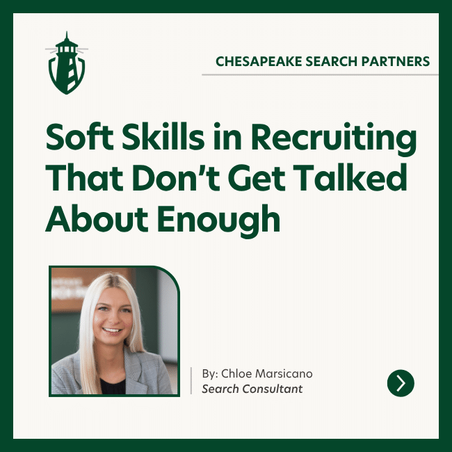 Poster cover with the title 'Soft Skills in Recruiting That Don’t Get Talked About Enough' and a portrait of a smiling woman (Chloe Marsicano) with a right-arrow button.