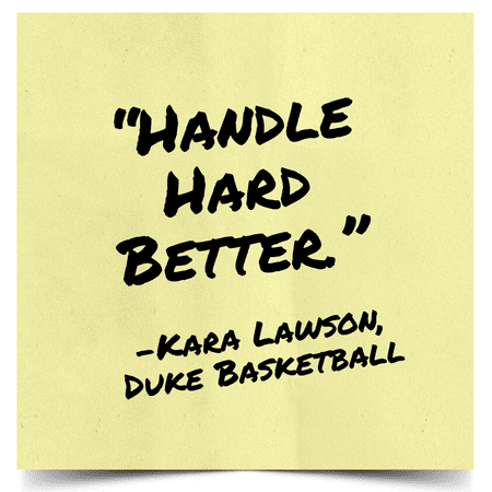 Sticky note with a motivational quote: 'Handle Hard Better.' — Kara Lawson, Duke Basketball