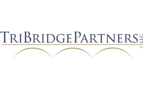 TriBridgePartners logo with blue wordmark and gold arch motif underneath.